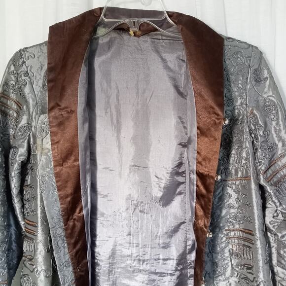 Vintage TANG JACKET Silk Satin Gray Brown Embellished Long Suit Coat Large XL - Picture 4 of 10